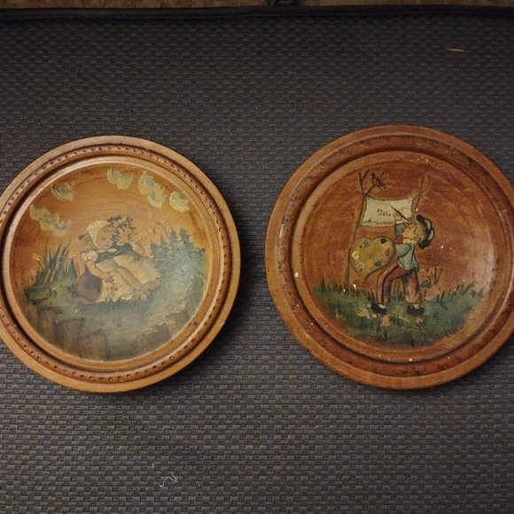 Vintage Hand Painted Wooden Plate Wall Hanging - Picture 1 of 6